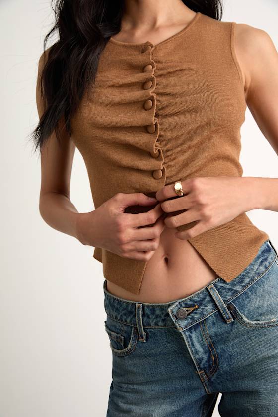 Orlane Light Brown Button-Front Sweater Tank Top 2
