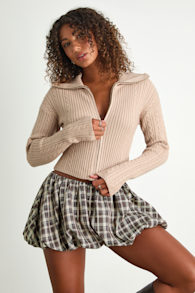Palmina Beige Cable Knit Collared Zip-Up Cardigan Sweater