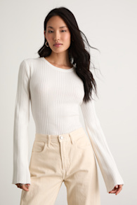 Nydia White Ribbed Long Sleeve Sweater Top 1