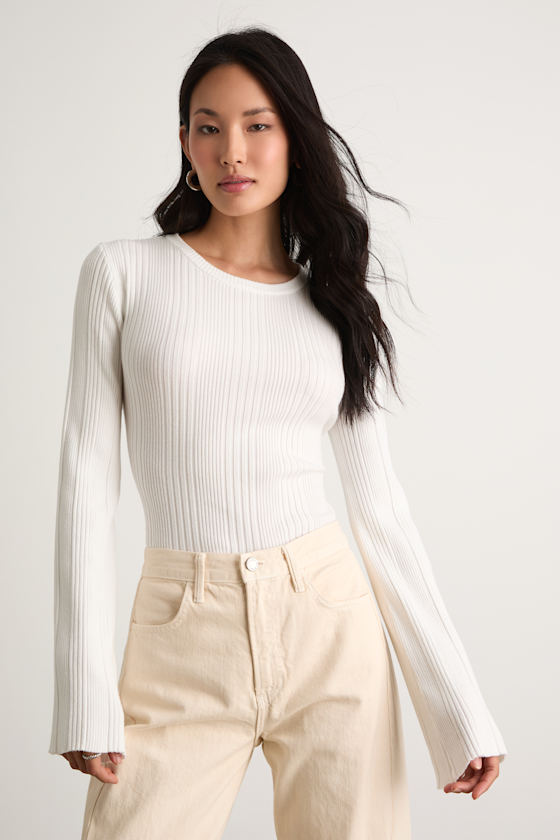 Nydia White Ribbed Long Sleeve Sweater Top 1