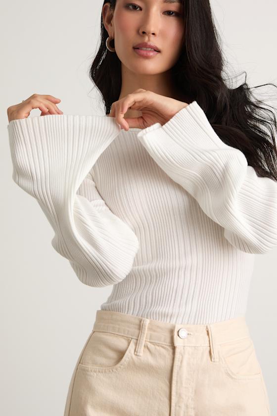 Nydia White Ribbed Long Sleeve Sweater Top 2