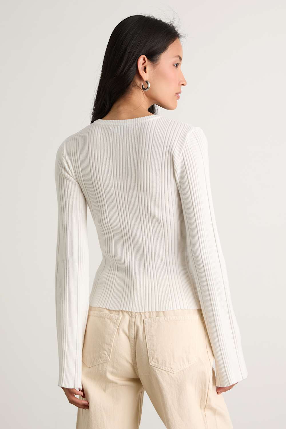 Nydia White Ribbed Long Sleeve Sweater Top