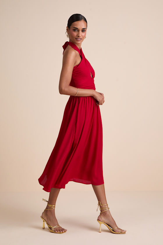 Emrah Red Cross-Front Cutout Halter Midi Dress 4