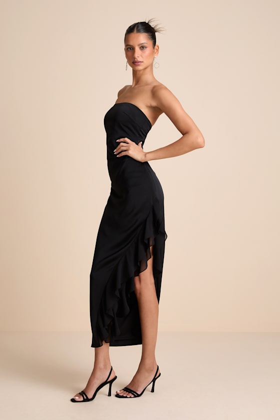 Graceful Perfection Black Satin Ruffled Strapless Midi Dress 3