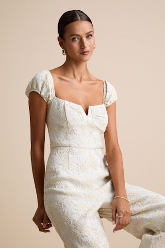 New Glam Cream Floral Jacquard Bustier Off-the-Shoulder Jumpsuit 1