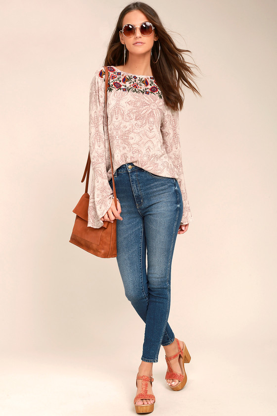 Love's Delight Mauve Print Embroidered Long Sleeve Top