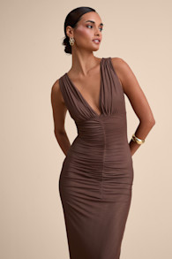 Aveline Brown Jersey Knit Ruched Bodycon Maxi Dress 2
