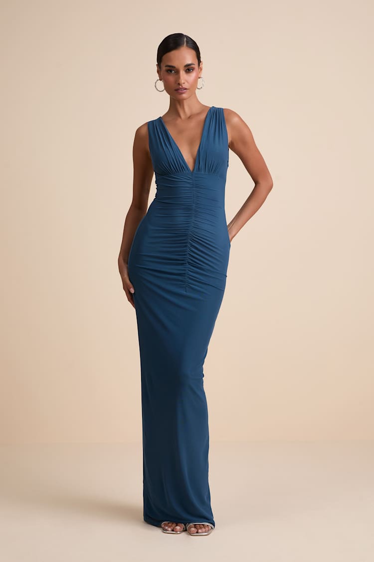 Aveline Dark Slate Jersey Knit Ruched Bodycon Maxi Dress