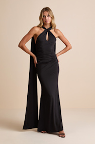 Noretta Black Jersey Knit Keyhole Cutout Sash Maxi Dress 2