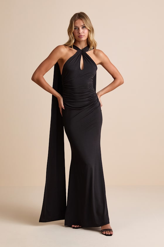 Noretta Black Jersey Knit Keyhole Cutout Sash Maxi Dress 2