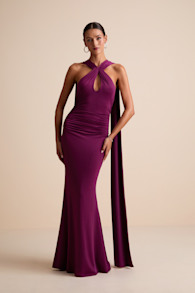 Noretta Plum Jersey Knit Keyhole Cutout Sash Maxi Dress 1