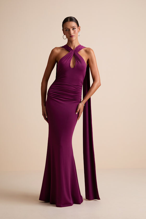 Noretta Plum Jersey Knit Keyhole Cutout Sash Maxi Dress 1
