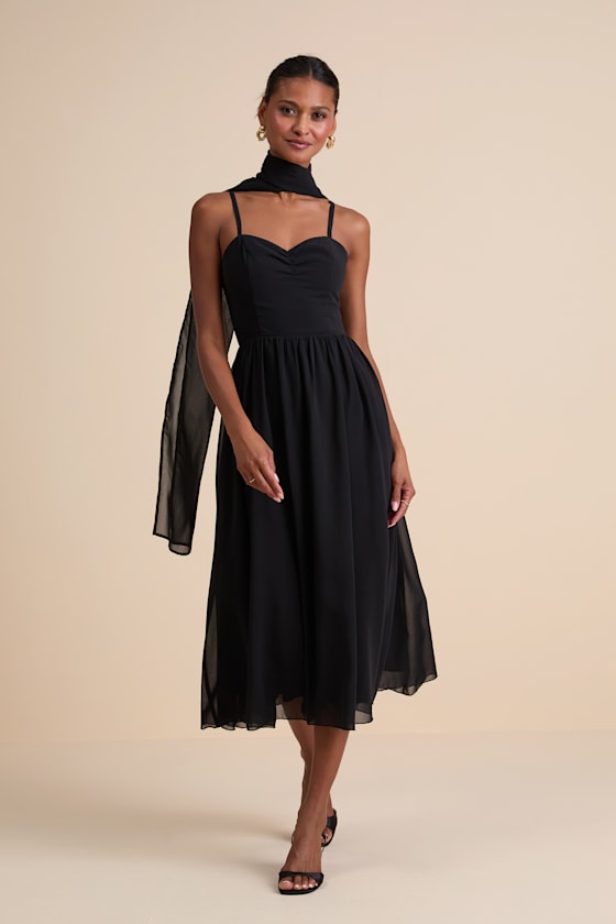Black Chiffon Dress - Sleeveless Midi Dress - Dress & Scarf Set