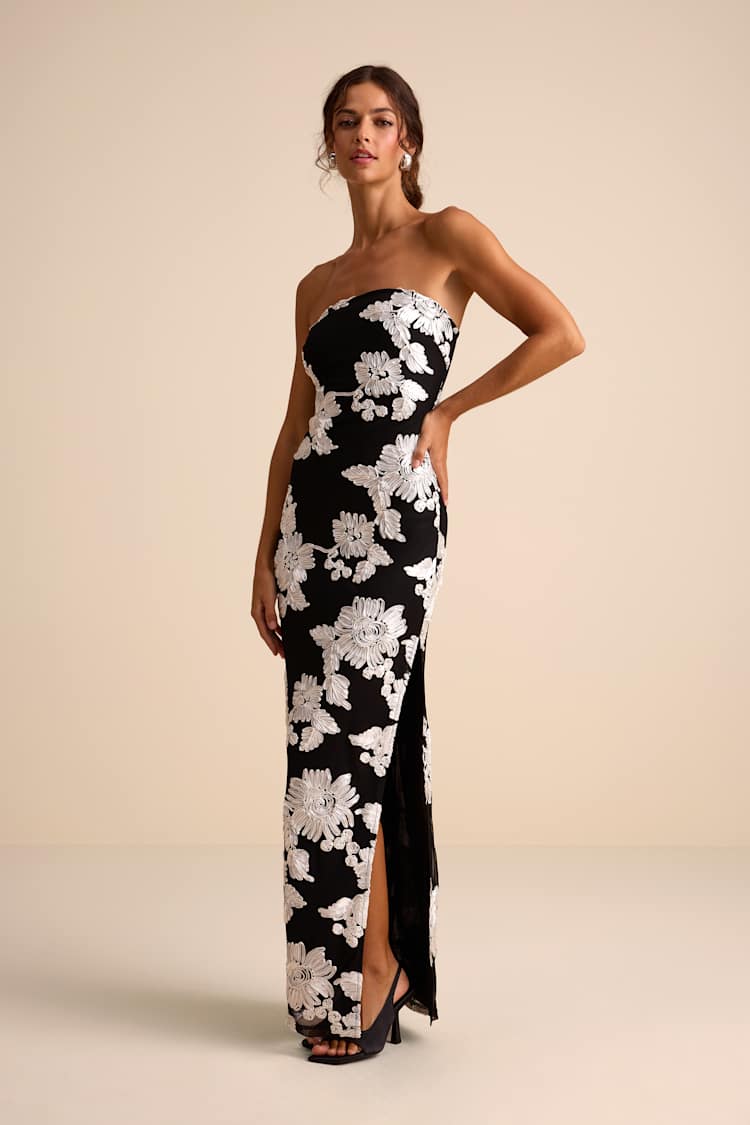 Fitzroy Black Floral Textured Strapless Maxi Dress
