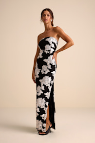 Fitzroy Black Floral Textured Strapless Maxi Dress 1
