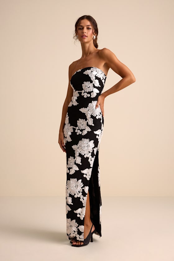 Fitzroy Black Floral Textured Strapless Maxi Dress 1