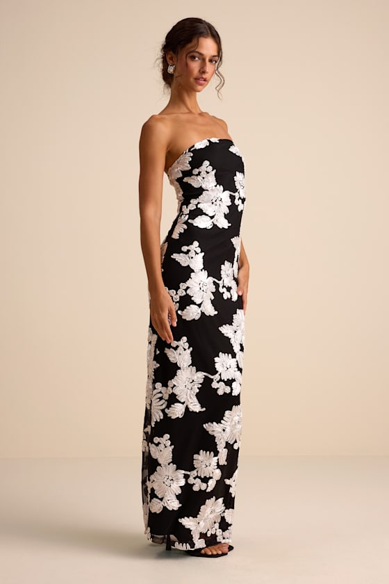 Fitzroy Black Floral Textured Strapless Maxi Dress - thumbnail 4