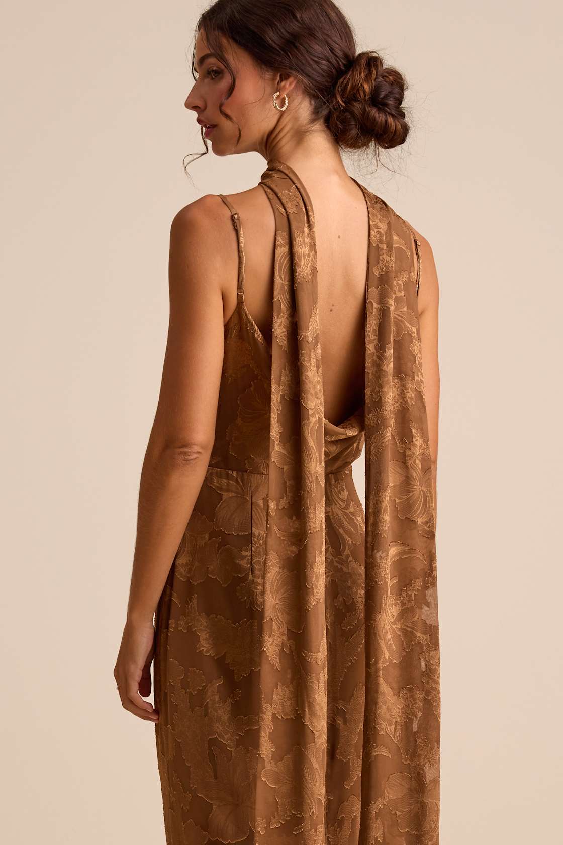 Rashona Light Brown Burnout Sash Scarf Maxi Dress
