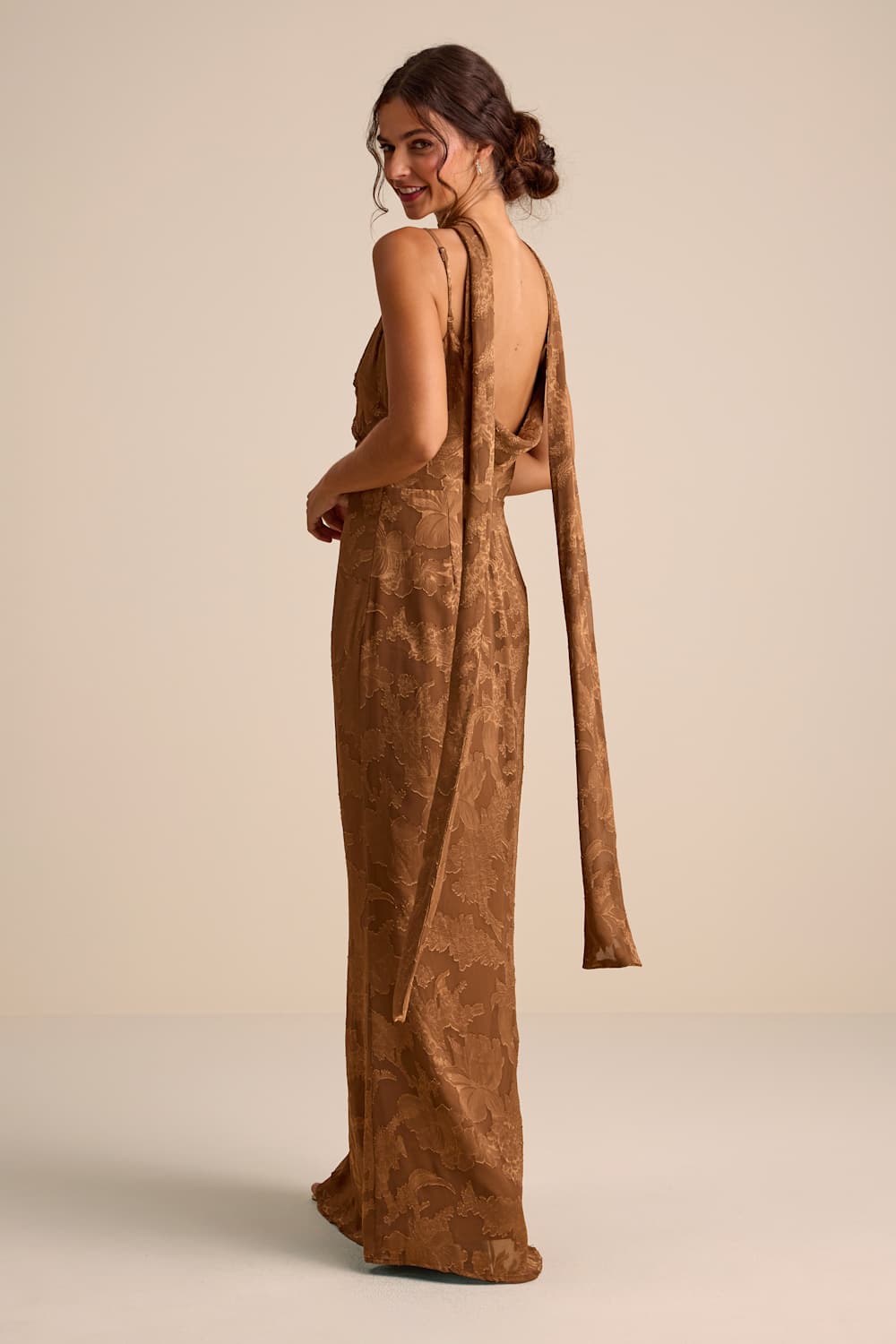 Rashona Light Brown Burnout Sash Scarf Maxi Dress