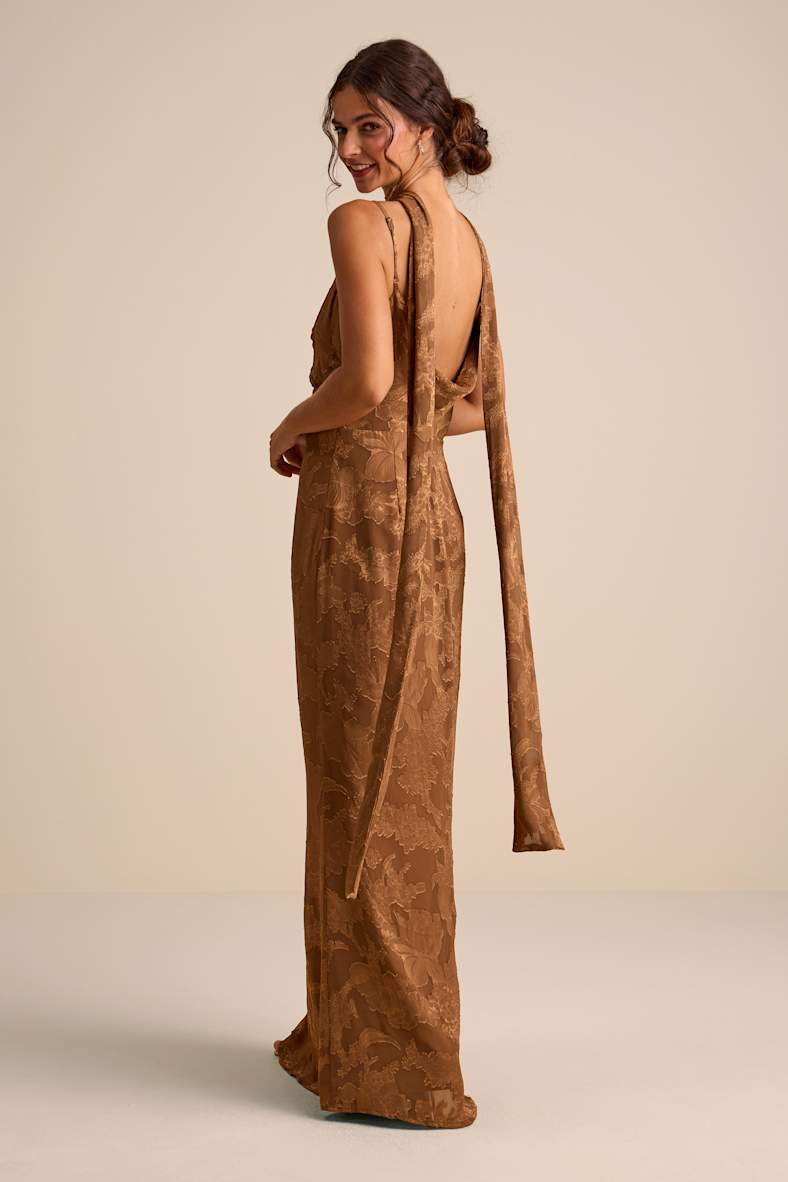 Rashona Light Brown Burnout Sash Scarf Maxi Dress