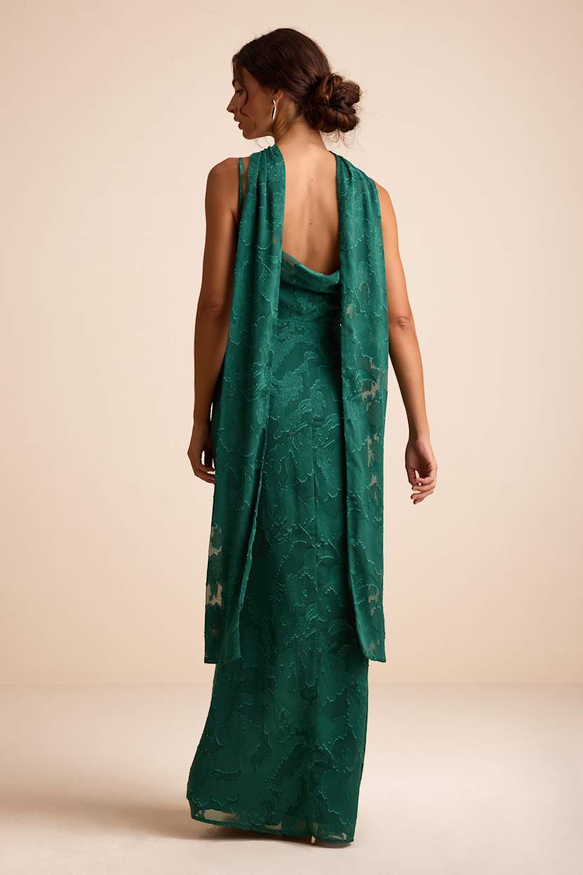 Rashona Emerald Green Burnout Sash Scarf Maxi Dress