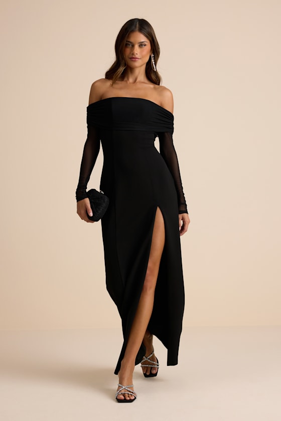 Black Backless Off-the-Shoulder Maxi Dress | Womens | Small (Available in XS, M) | 100% Polyester | Lulus