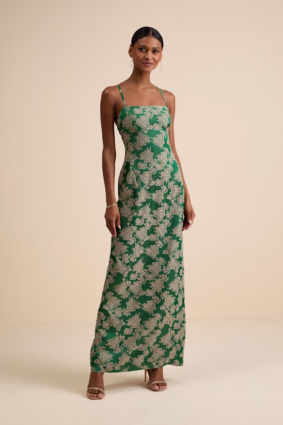 Image of Merrion Green Floral Satin Lace-Up Maxi Dress