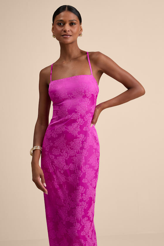 Image of Merrion Magenta Satin Lace-Up Maxi Dress