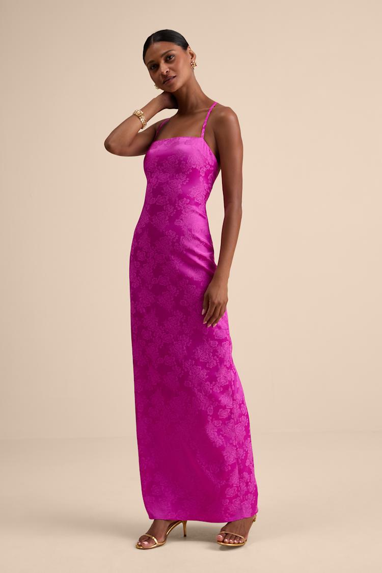 Merrion Magenta Satin Lace-Up Maxi Dress
