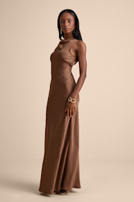 Alisha Brown Crinkle Satin Backless Maxi Dress 1