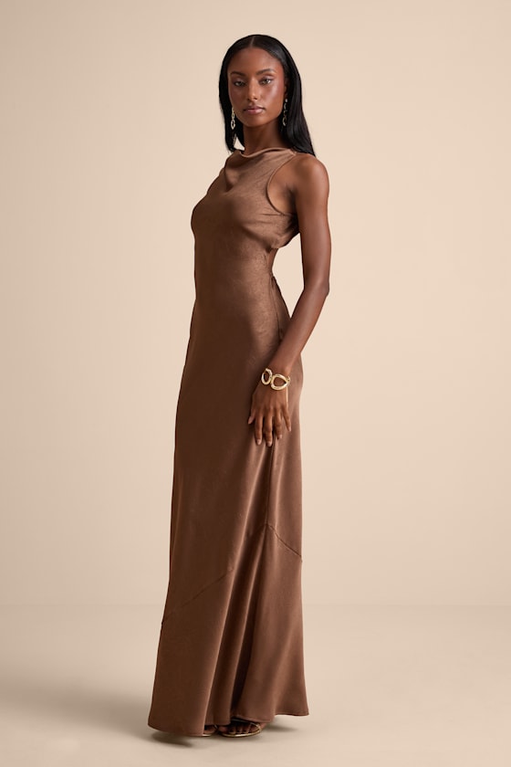 Alisha Brown Crinkle Satin Backless Maxi Dress 1