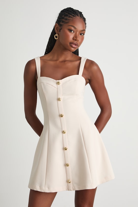 Cream Fit-and-Flare Dress - Button-Front Dress - Skater Dress - Lulus