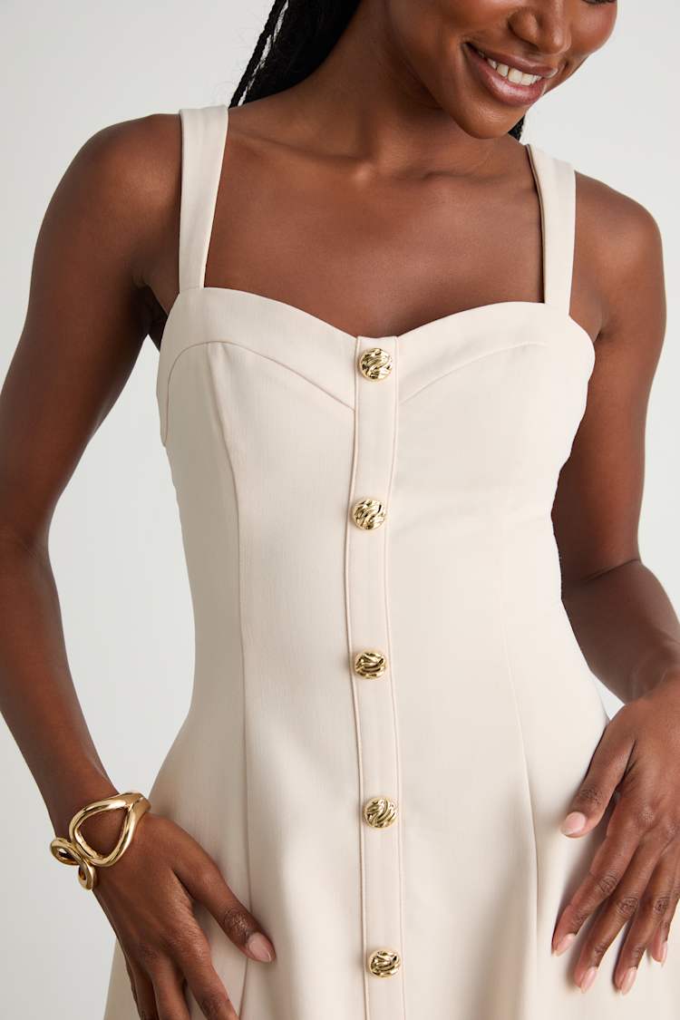 Akira Cream Button-Front Skater Mini Dress
