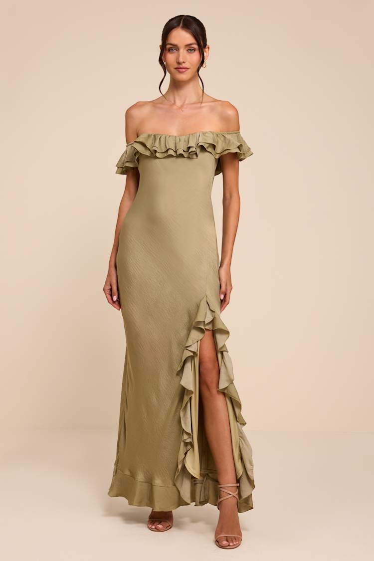 lulus semi formal dresses | Green Eloisa Light Olive Satin Off-the-Shoulder Maxi Dress | Womens | Small (Available in XS, M, L, XL) POLYAMIDE