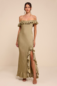 Eloisa Light Olive Satin Off-the-Shoulder Maxi Dress 2
