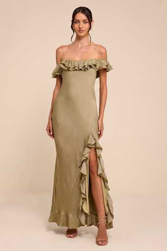 Eloisa Light Olive Satin Off-the-Shoulder Maxi Dress 2