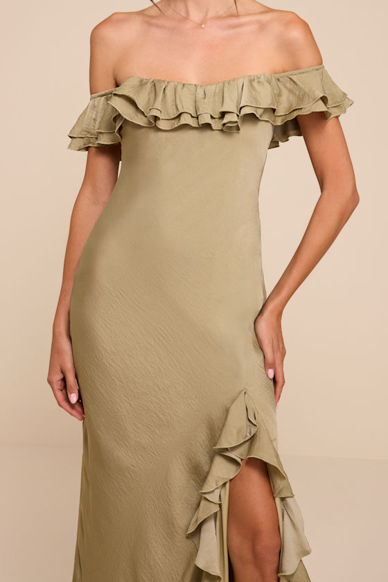 Eloisa Light Olive Satin Off-the-Shoulder Maxi Dress 3