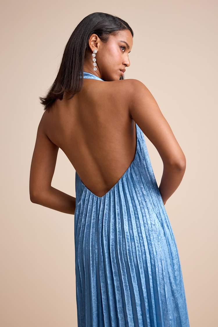 Gelsey Dusty Blue Pleated Halter Shift Maxi Dress