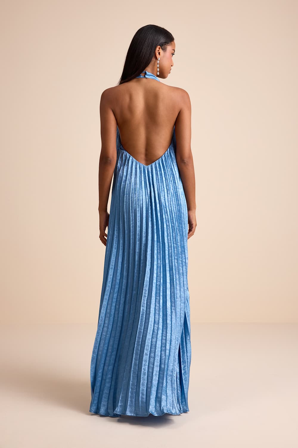 Gelsey Dusty Blue Pleated Halter Shift Maxi Dress
