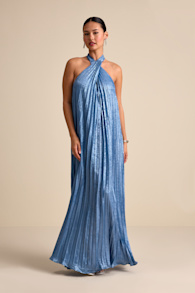 Gelsey Dusty Blue Pleated Halter Shift Maxi Dress 2