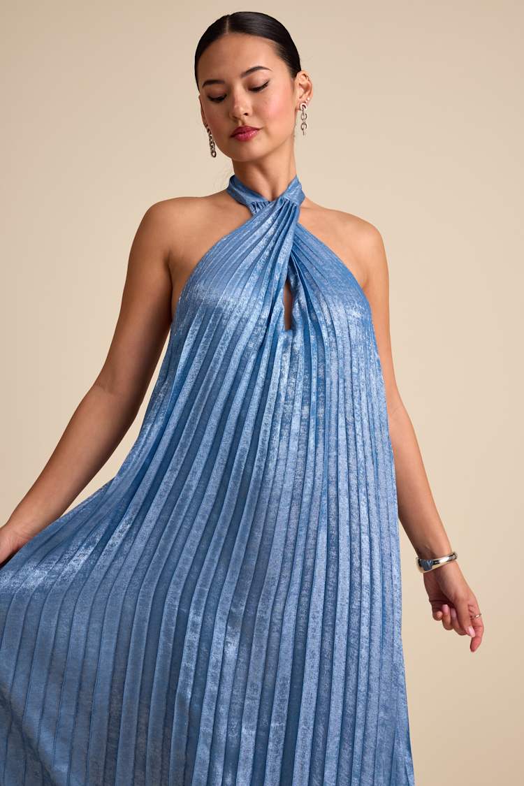 Gelsey Dusty Blue Pleated Halter Shift Maxi Dress