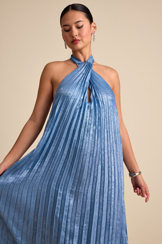 Gelsey Dusty Blue Pleated Halter Shift Maxi Dress 3