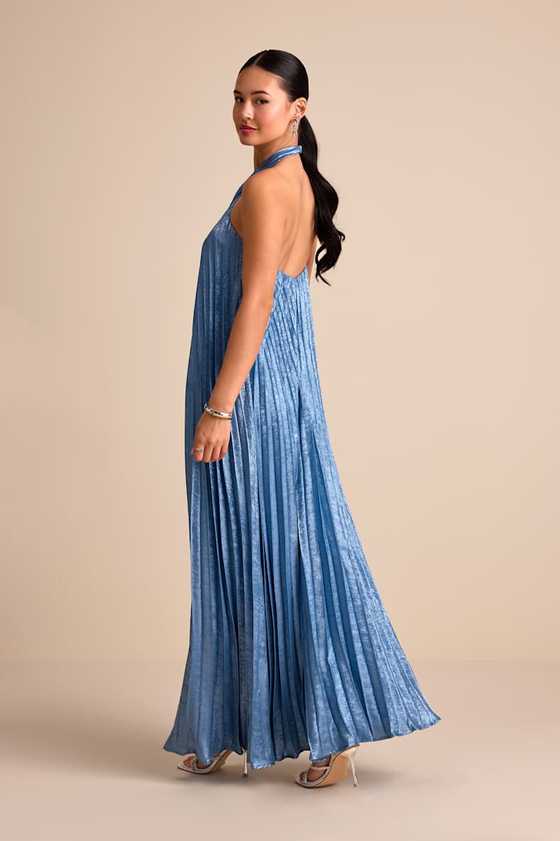 Gelsey Dusty Blue Pleated Halter Shift Maxi Dress