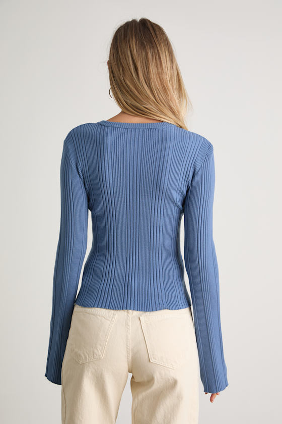 Dusty Blue Sweater - Ribbed Knit Sweater Top - Long Sleeve Top - Lulus