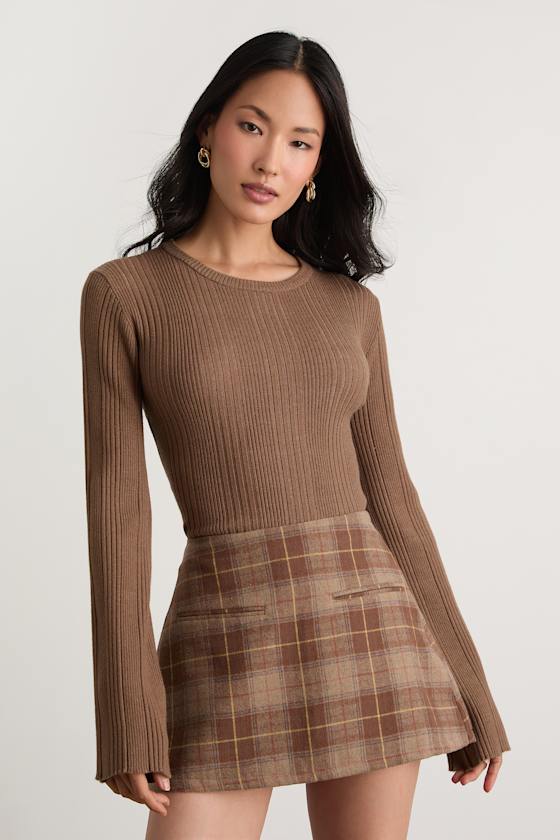 Nydia Brown Ribbed Long Sleeve Sweater Top 1