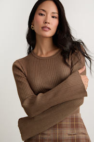 Nydia Brown Ribbed Long Sleeve Sweater Top 2