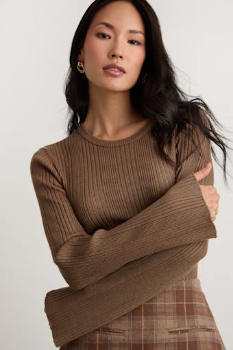 Nydia Brown Ribbed Long Sleeve Sweater Top 2