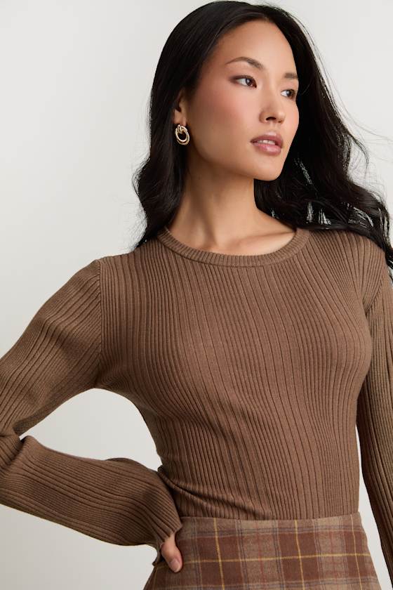 Nydia Brown Ribbed Long Sleeve Sweater Top - thumbnail 5