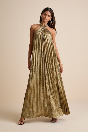 Gelsey Gold Lurex Pleated Halter Shift Maxi Dress 1