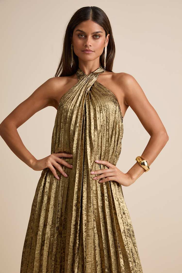 Gelsey Gold Lurex Pleated Halter Shift Maxi Dress
